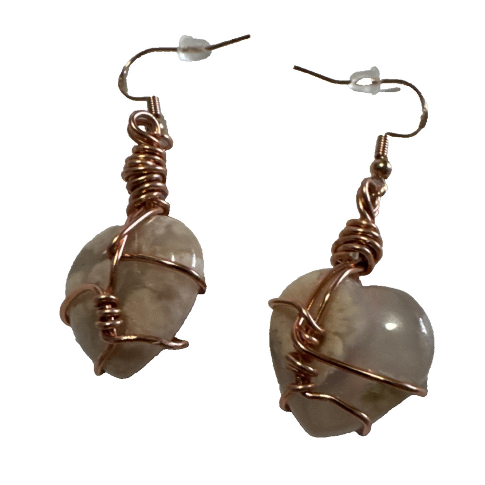 Agate Heart Earrings Jewelry Dangle Rose Gold Tone Genuine Stone Handmade Pair